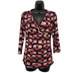 Ann Taylor Dark Navy Blue & Pink Circle Pattern V-Neck 3/4 Sleeve Top Size Small